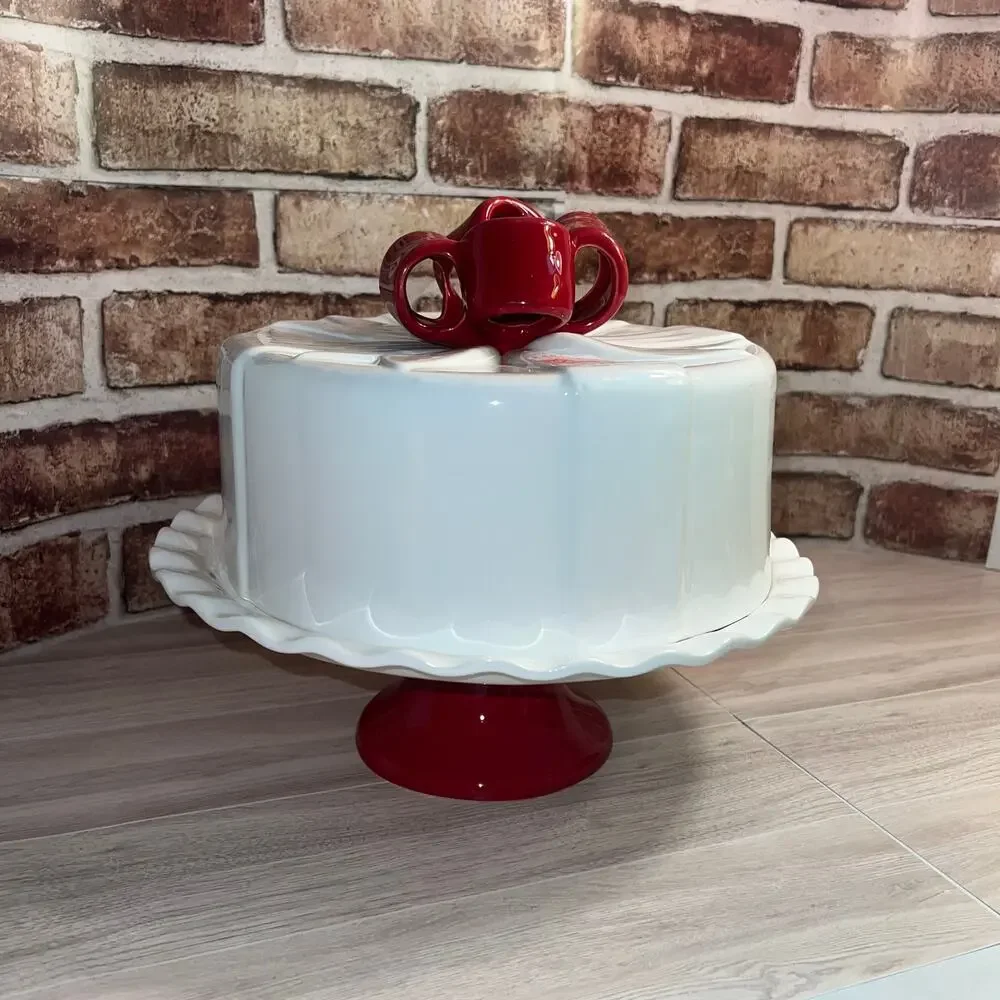 VTG NOS Made In Portugal Destinos Ceramic Ribbons And Bows Pedestal Cake Plate